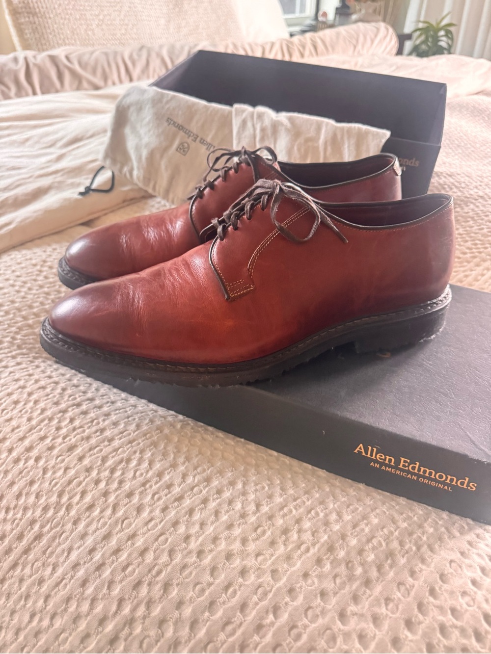 Allen Edmonds Cognac Brown Leather Badlands Derby Oxfords 12 3E - like new!